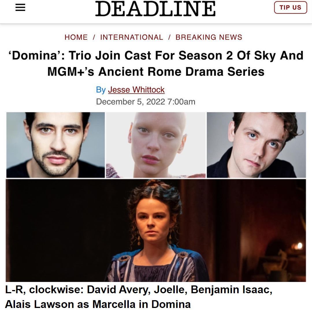 A screenshot of a Deadline article announcing actress and Singer Joelle as part of the cast in Sky and MGM's Domina season 2.