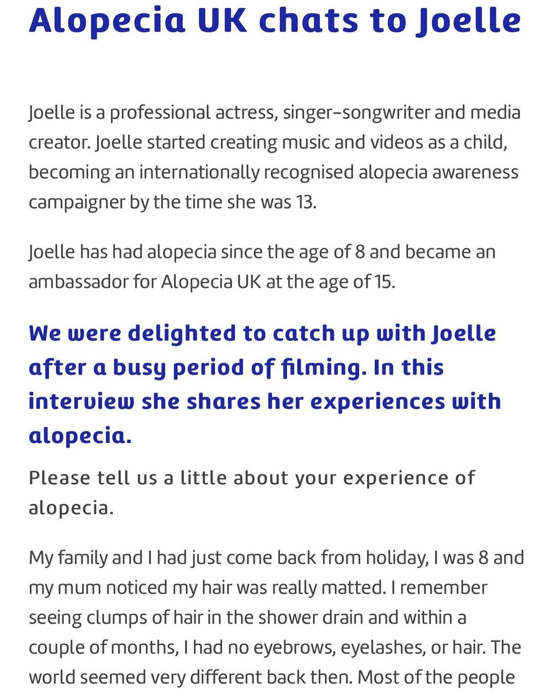 A screenshot of Alopecia UK's interview with actress, singer and Alopecia UK ambassador Joelle.